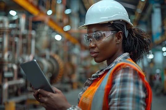 Female engineer working with logistics management technology, automation systems, and digital interfaces